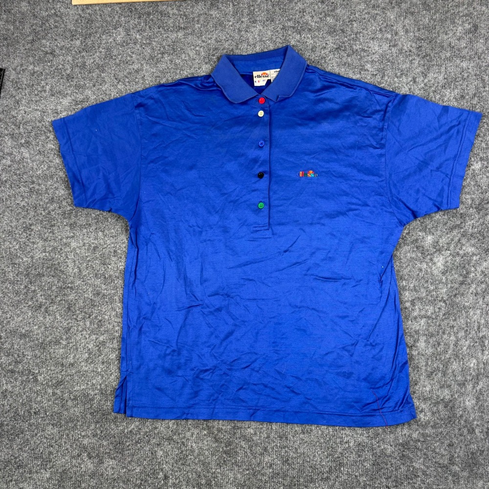 Ellesse Polo Shirt Mens Size 2 Blue Mercerized Cotton Multi Color Button Vintage